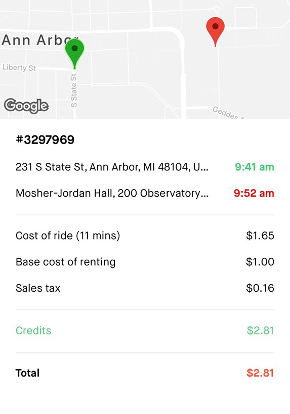 a screetshot from the spin app of a diary study participant's ride from State street to Jordan Hall