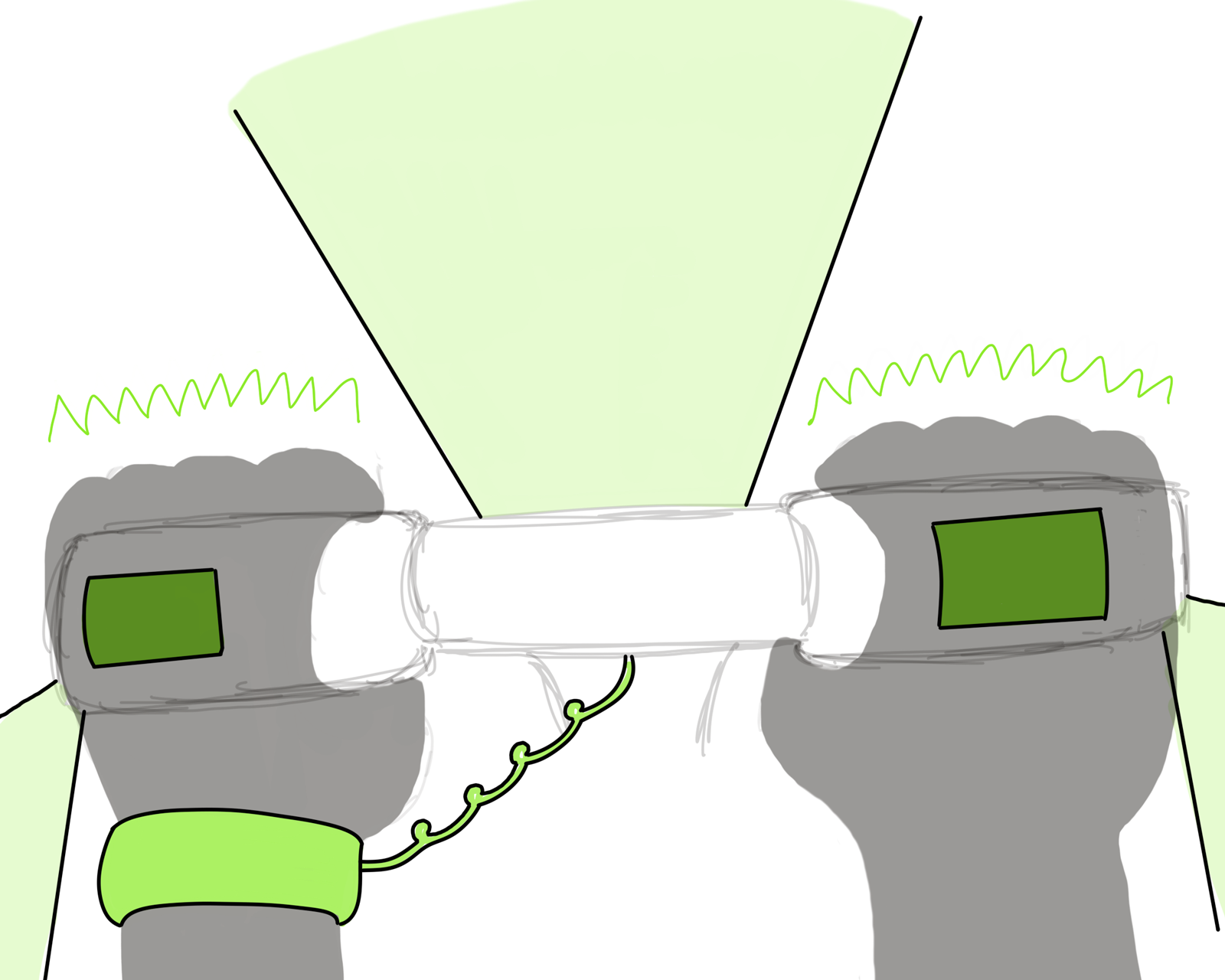 a rough sketch of scooter handlebars with sensors on the front and sides with vibration pads in the handles and a wristband which is attached to the scooter